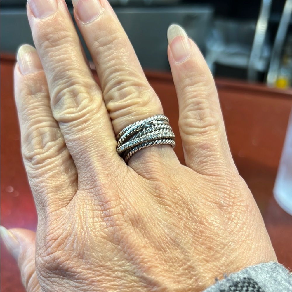 David Yurman Silver & Diamonds Braided Rope Ring